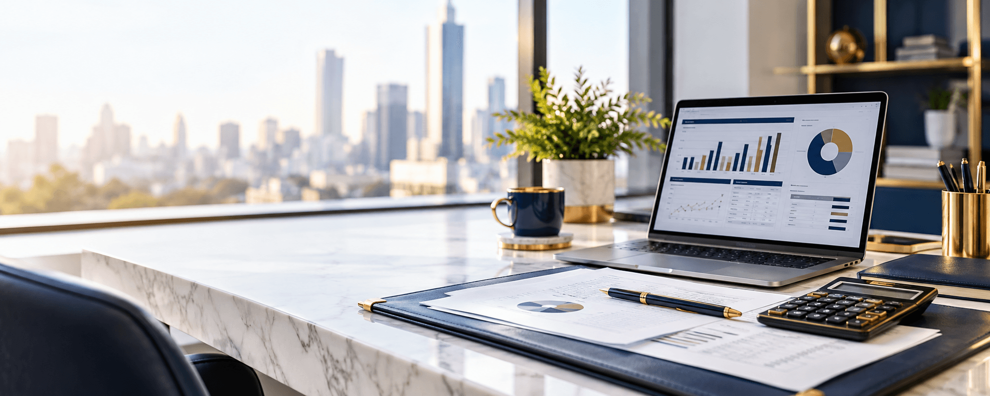 Professional financial desk with tax documents and dashboard